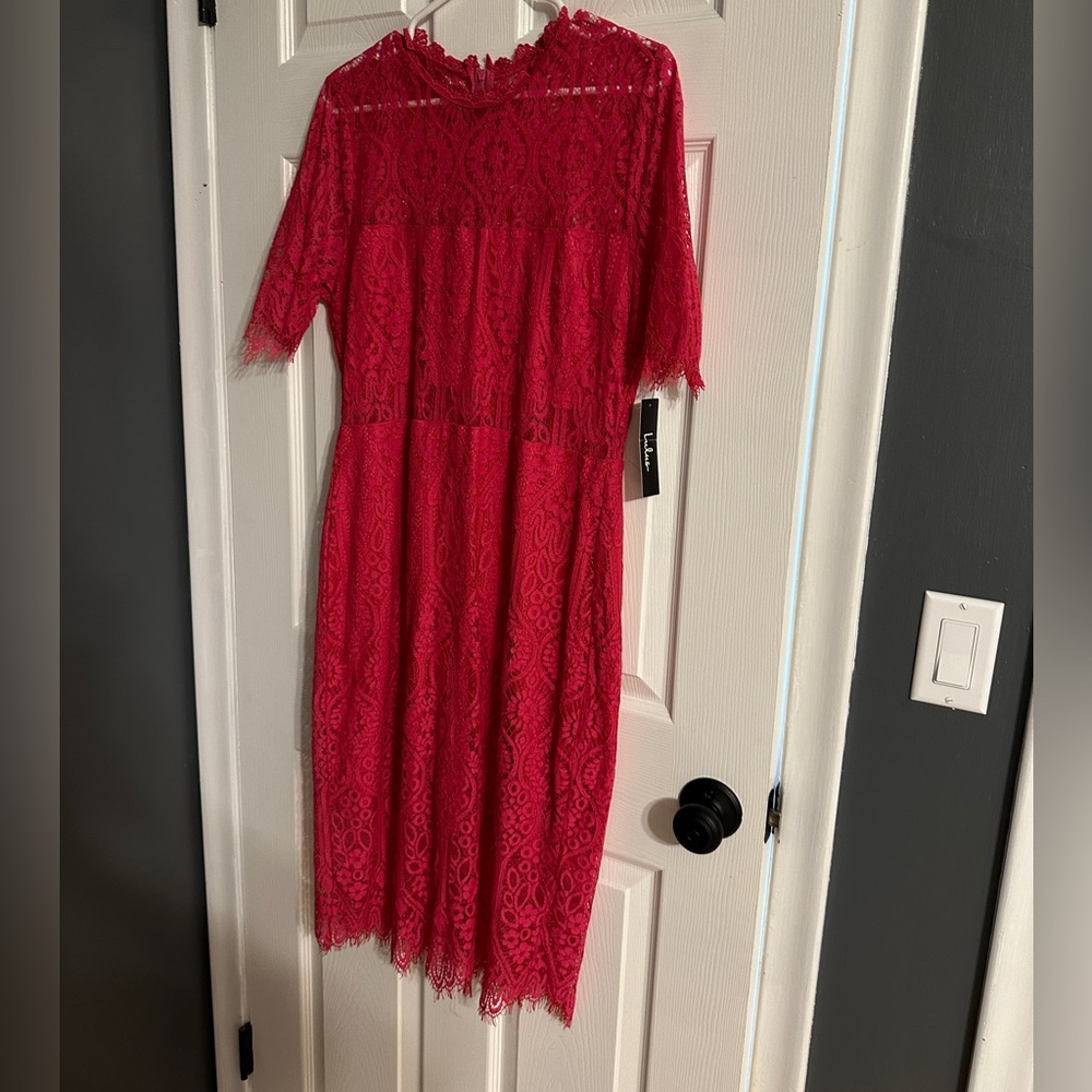 Remarkable HOT PINK Sheer Lace Short Sleeve Mini Dress NWT $25
